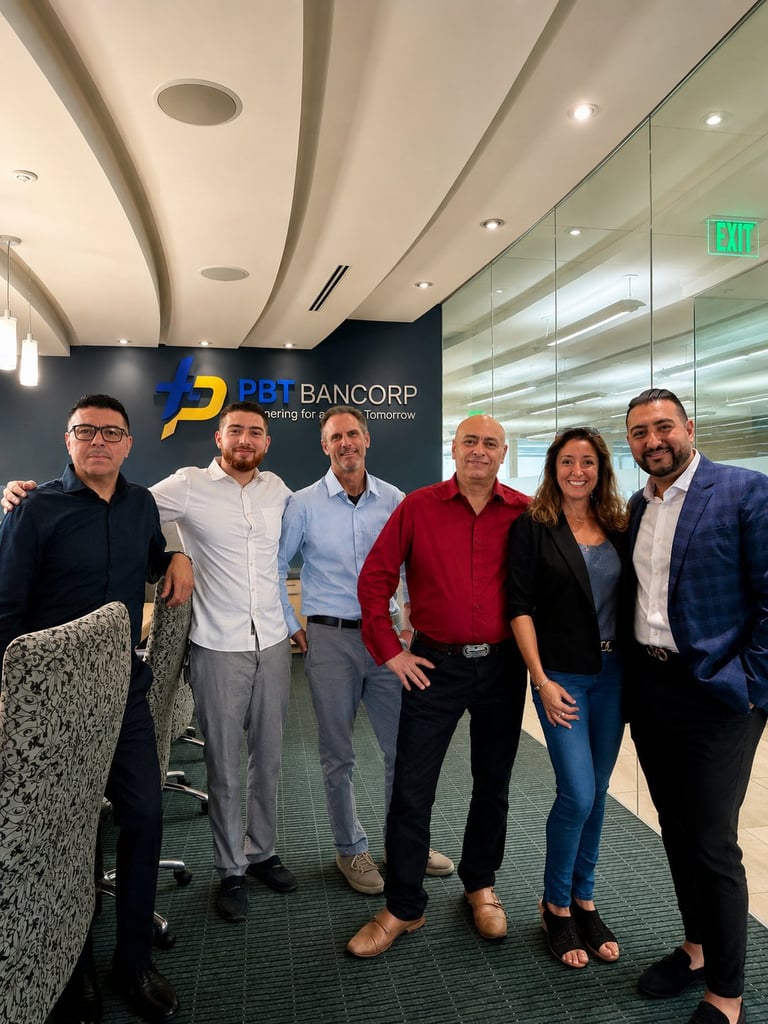 Six professionals posing together in a modern office hallway in front of PBI BANCORP signage and glass walls