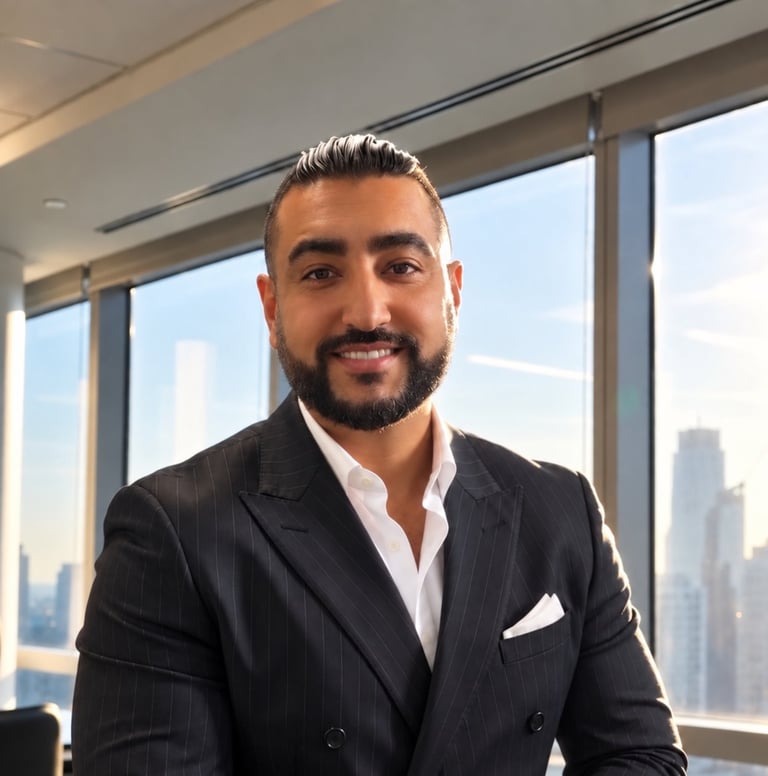 Professional man in dark double-breasted suit and white shirt posing in modern office with city skyline view behind him